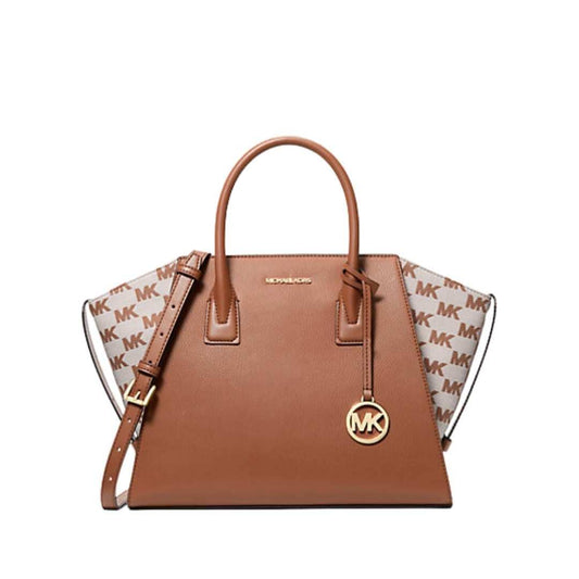 Bolso satchel grande de piel y jacquard.